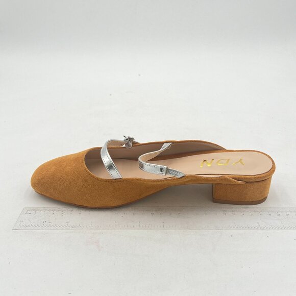 YDN Yellow Mules Suede Straps Buckle Square Toe Low Block Heels Sandals - Picture 2 of 8